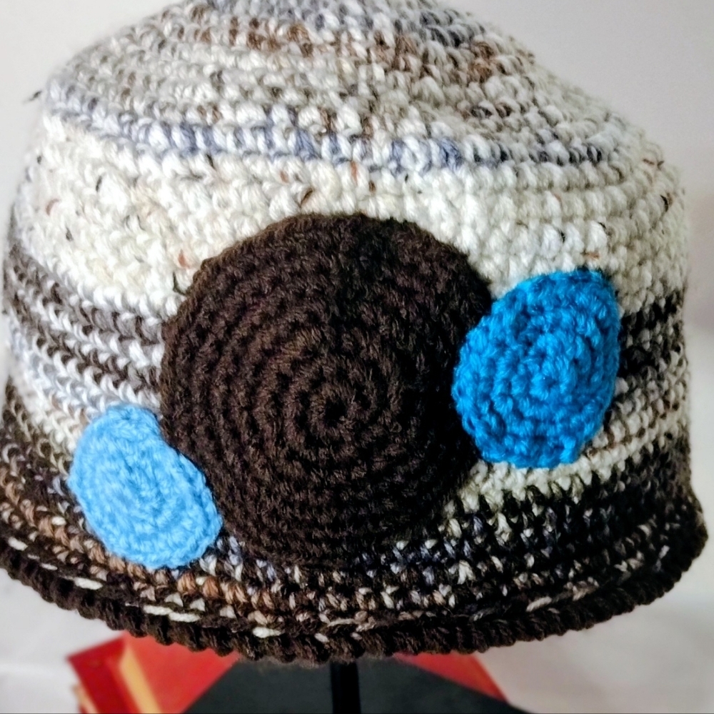 Handmade Crocheted Cloche Beanie Hat with Decorative Circles - Brown & Blue